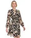 Calvin Klein A-line Dress Womens Black Floral Chiffon Ruched Back Zip Buu423 In Brown
