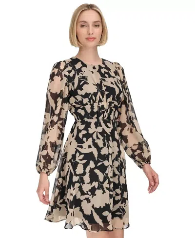 Calvin Klein A-line Dress Womens Black Floral Chiffon Ruched Back Zip Buu423 In Brown