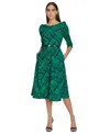 Calvin Klein A-line Dress Womens Pine Black Stretch Geometric Belted Buu937 In Multi
