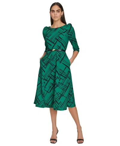 Calvin Klein A-line Dress Womens Pine Black Stretch Geometric Belted Buu937 In Multi