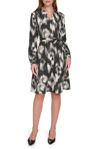 Calvin Klein Abstract Long Sleeve Shirtdress In Black/white