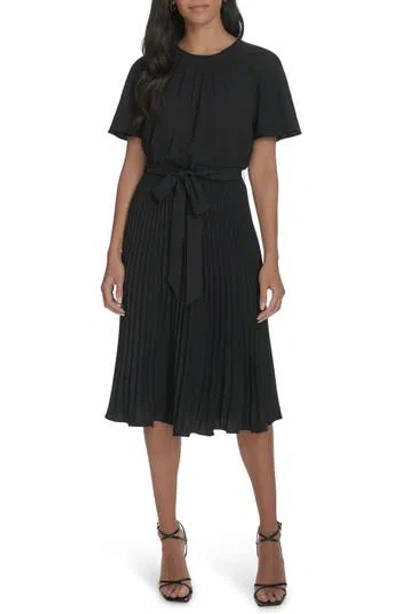 Calvin Klein Aerowash Flutter Sleeve Pleated Dress In Black