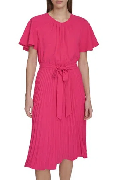 Calvin Klein Aerowash Flutter Sleeve Pleated Dress In Hibiscus