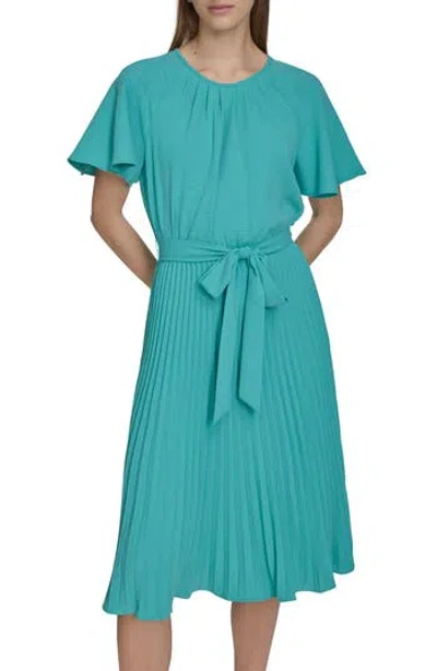 Calvin Klein Aerowash Flutter Sleeve Pleated Dress In Lake