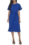 Calvin Klein Aerowash Flutter Sleeve Pleated Dress In Ultramarine