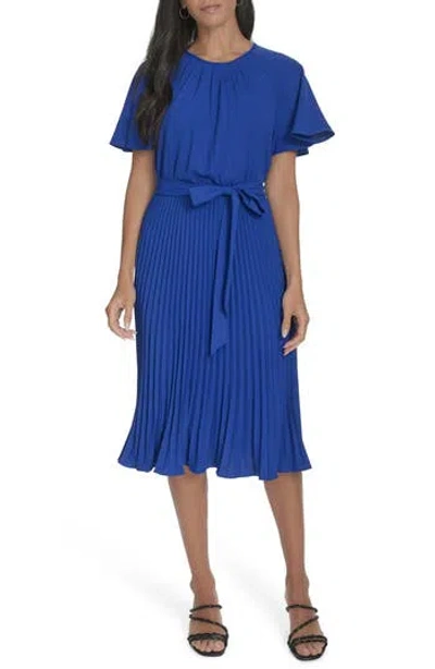 Calvin Klein Aerowash Flutter Sleeve Pleated Dress In Ultramarine