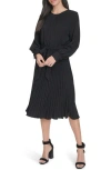 Calvin Klein Aerowash Long Sleeve Pleated Midi Dress In Black