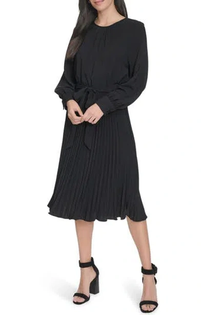 Calvin Klein Aerowash Long Sleeve Pleated Midi Dress In Black