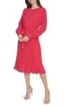 Calvin Klein Aerowash Long Sleeve Pleated Midi Dress In Lipstick