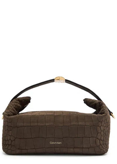 Calvin Klein Andy Crocodile-effect Nubuck Top Handle Bag In Brown