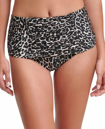 Calvin Klein Animal-print Pleated High-waist Bikini Bottoms In Black Multi Jaguar In Transparent