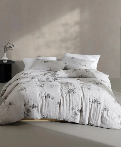 Calvin Klein Aquarelle Floral Cotton Melange Gauze 3 Piece Comforter Set, Queen In Gray