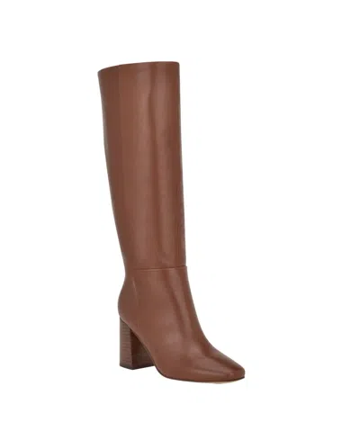 CALVIN KLEIN ARISTA BOOTS WOMEN'S BROWN LEATHER BLOCK HEEL KNEE HIGH LION565