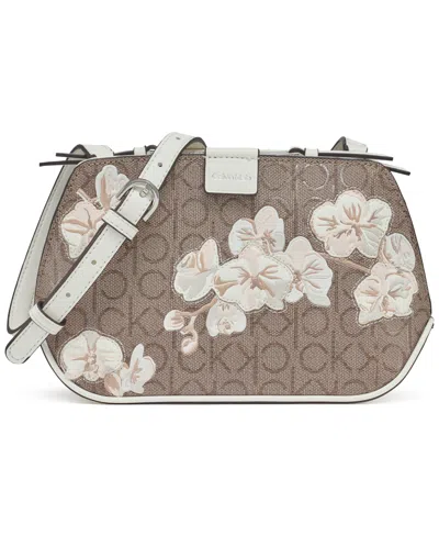 Calvin Klein Audrey Floral Logo Emboss Crossbody In Almond Taupe,pink,cherub White