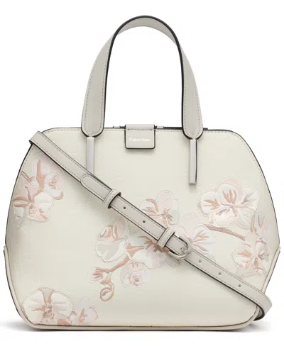 Calvin Klein Audrey Floral Logo Emboss Satchel In Cream,pink