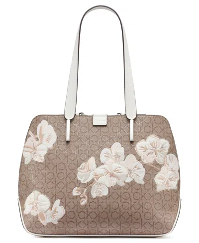 Calvin Klein Audrey Floral Logo Emboss Tote In Almond Taupe,pink,cherub White
