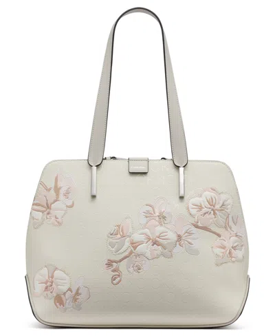 Calvin Klein Audrey Floral Logo Emboss Tote In Cream,pink