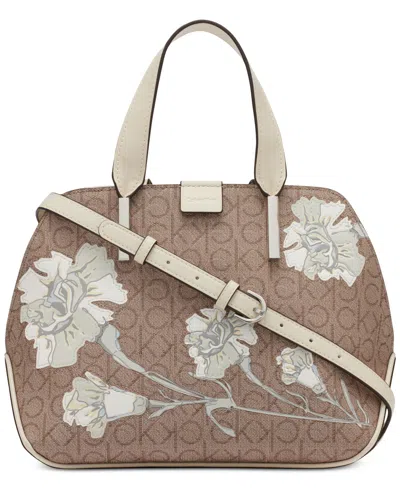 Calvin Klein Audrey Floral Signature Convertible Satchel In Almond Multi