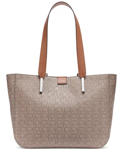 Calvin Klein Audrey Signature Medium Tote Bag In Almond Taupe,caramel