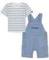 Calvin Klein Baby 2-pc. Set Striped T-shirt & Denim Cargo Shortall In Multi