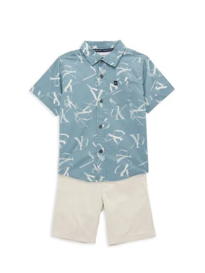 Calvin Klein Baby Boy's 2-piece Button Shirt & Shorts Set In Blue