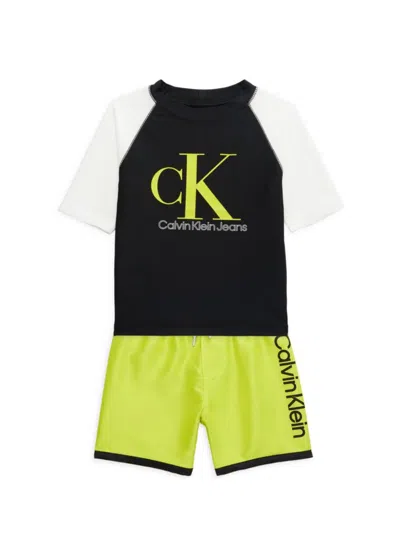 Calvin Klein Baby Boy's 2-piece Logo Rashguard & Swim Shorts Set In White Neon