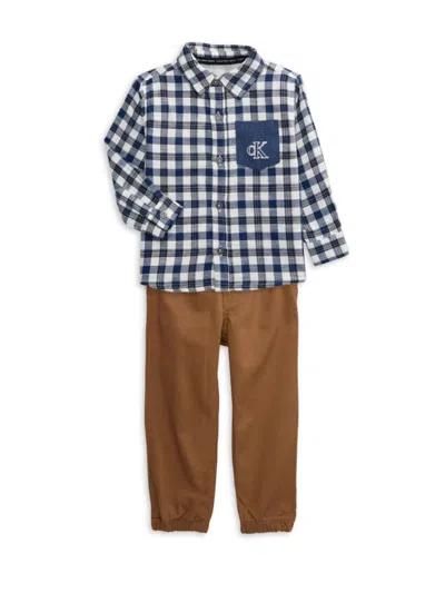 Calvin Klein Baby Boy's 2-piece Plaid Shirt & Pants Set In Brown Blue