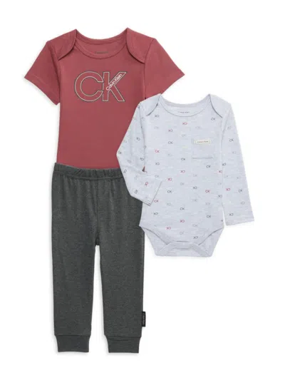 Calvin Klein Baby Boy's 3-piece Logo Bodysuit & Joggers In Grey Red