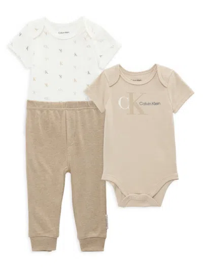 Calvin Klein Baby Boy's 3-piece Logo Bodysuits & Joggers Set In Tan Multi