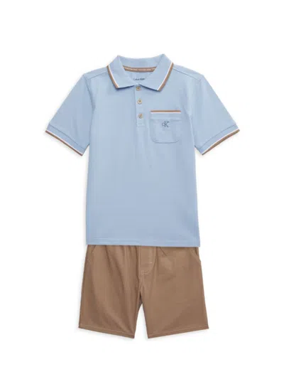 Calvin Klein Kids' Baby Boy's & Little Boy's 2-piece Logo Polo T-shirt & Shorts Set In Blue Khaki