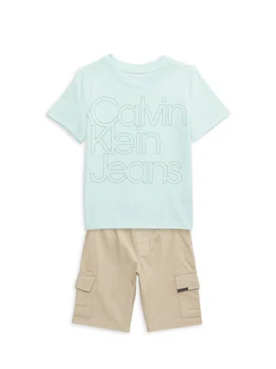 Calvin Klein Kids' Baby Boy's & Little Boy's 2-piece Logo T-shirt & Cargo Shorts Set In Green Khaki