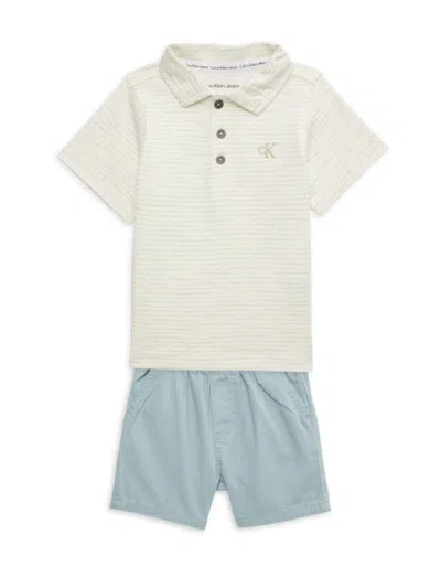 Calvin Klein Kids' Baby Boy's & Little Boy's 2-piece Striped Polo T-shirt & Shorts Set In Beige Multi