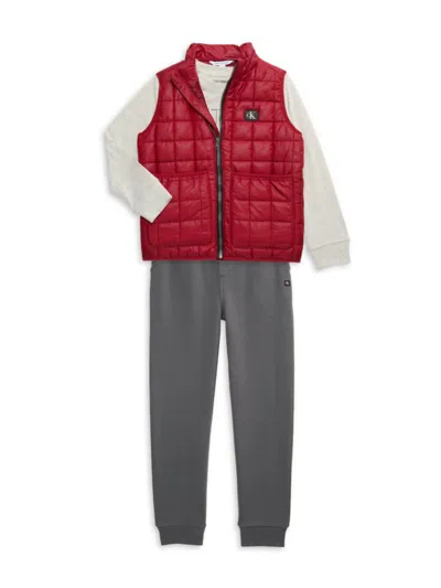 Calvin Klein Kids' Baby Boy's & Little Boy's 3-piece Logo T-shirt, Puffer Vest & Joggers Set In Charcoal Red