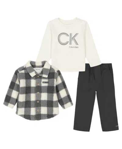 Calvin Klein Baby Boy Long Sleeve Logo Bodysuit, Twill Pants Check Berber Shirt Jacket, 3-piece Set In Concrete,worf Grey,antique White