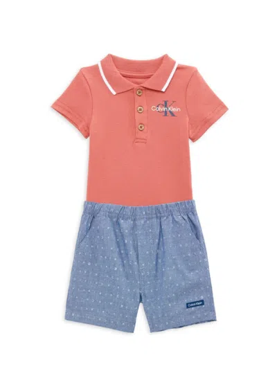 Calvin Klein Baby Boy's Polo Bodysuit & Shorts Set In Orange