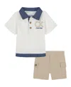 Calvin Klein Baby Boys 2-piece Chambray Trim Jersey Polo French Terry Cargo Shorts Set In Marshmallow,dark Blue,white Pepper