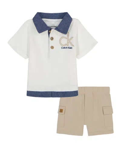 Calvin Klein Baby Boys 2-piece Chambray Trim Jersey Polo French Terry Cargo Shorts Set In Marshmallow,dark Blue,white Pepper