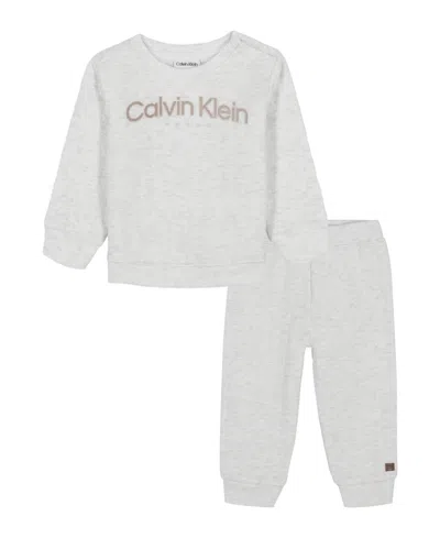 Calvin Klein Baby Boys 2-piece Fleece Semi-snap Sweatsuit And Joggers Set In Gray