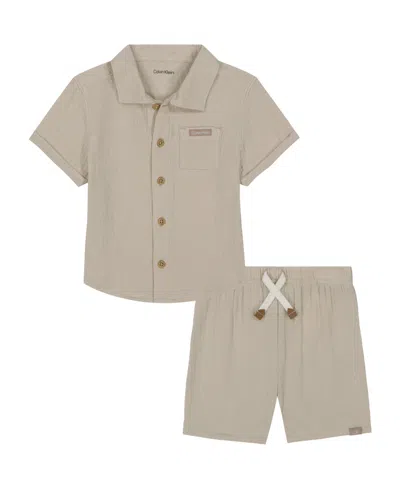 Calvin Klein Baby Boys 2-piece Gauze Cabana Button Front Shirt And Drawstring Shorts Set