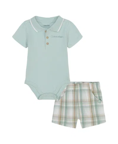 Calvin Klein Baby Boys 2-piece Interlock Polo Bodysuit Poplin Plaid Shorts Set In Harbor Gray,plaid
