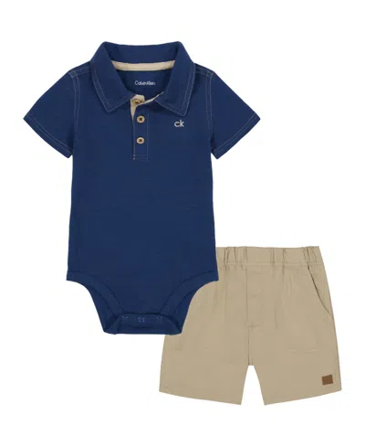 Calvin Klein Baby Boys 2-piece Plaid Polo Woven Bodysuit And Twill Shorts Set In Insignia Blue,white Pepper