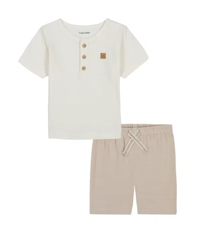 Calvin Klein Baby Boys 2-piece Slub Jersey Henley T-shirt And Tonal Plaid Shorts Set In Vanilla Ice,angel Tan
