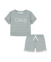 Calvin Klein Baby Boys 2-piece Striped French Terry Short Sleeve Crewneck And Shorts Set In Abyss