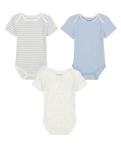 Calvin Klein Baby Boys 3-piece Short Sleeve Bodysuits Set In Vanilla,blue Fog