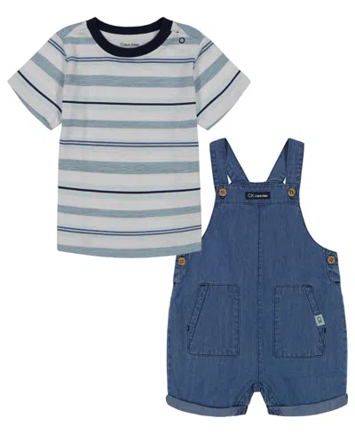 Calvin Klein Baby Boys Chambray Shortalls And Striped Short Sleeve T-shirt Set, 2 Piece In Blue