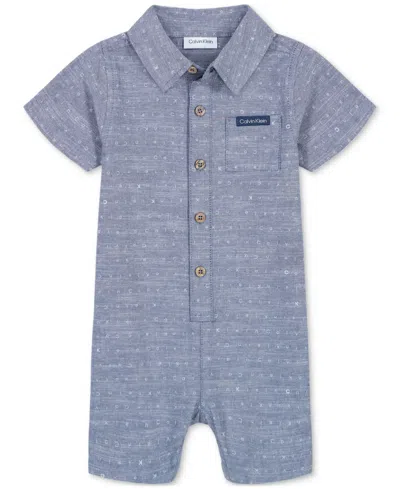 Calvin Klein Baby Boys Cotton Printed Chambray Short-sleeve Romper In Blue