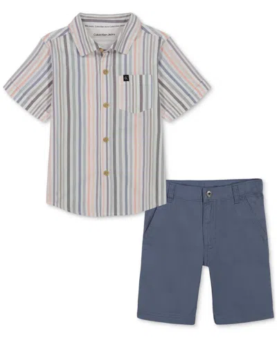 Calvin Klein Baby Boys Cotton Striped Button-up Shirt & Twill Shorts, 2 Piece Set In Assorted