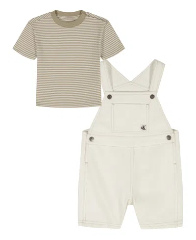 Calvin Klein Baby Boys' Striped Top And Natural Denim Shortalls, 2-piece Set In Multi