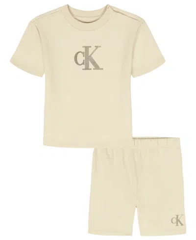 Calvin Klein Baby Boys' French Terry Short-sleeve Logo Crewneck Top And Shorts, 2-piece Set In Gold