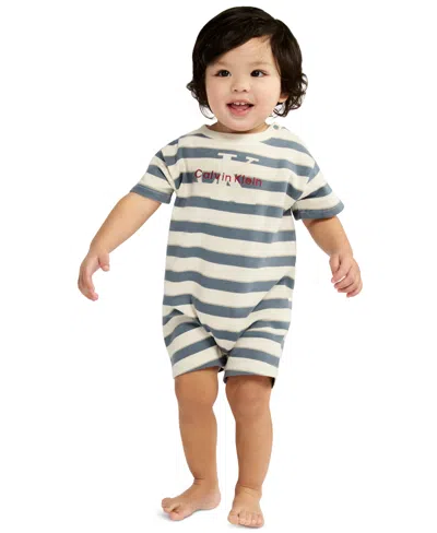 Calvin Klein Baby Boys' French Terry Striped Crewneck Romper In Blue